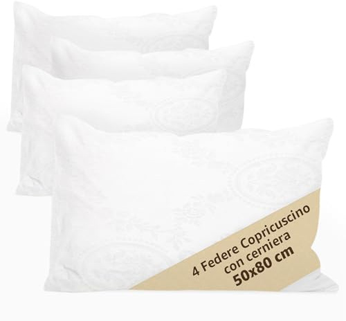 SONIT - Set 2 Copricuscini Letto 50x80 cm con Cerniera, Federe Puro Cotone Tessuto Damascato Elegante, Copriguanciale Antiacaro Anallergico Lavabile, Fodera Guanciale Protettiva per Letto Matrimoniale