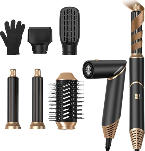 UKLISS Hair Styler 5 i 1, varmluftsborsteset med rund borste Hårtork Airflow Curling Iron Automatisk termisk borste Hårtork Rund borste Airstyler för håruträtning, torkning, volymgivande, (svart)