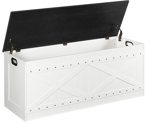 MAHANCRIS 47.2 Storage Chest, Extra Large Toy Box with 2 Safety Hinges, Wooden Toy Chest, Storage Bench with Rivets, Storage Trunk for Bedroom, Living Room, Entryway, White and Black SCBB18501