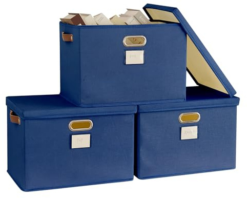 Bagnizer Storage Boxes with Lids 3PCS Foldable Fabric Storage Boxes Large Stackable Storage Baskets for Shelves Storage Box for Clothes Wardrobe Navy Blue Collapsible Decorative Storage 43x30x30cm