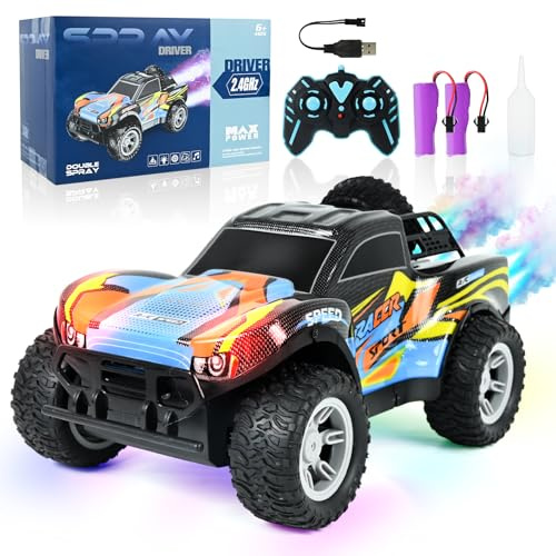HERMORRYSS Macchina Telecomandata, 1:16 Macchina Radiocomandata con Luce a 7 Colori/Spray, 2,4 GHz Auto RC, 2 Batterie, Monster Truck Telecomandato, Giocattolo da Corsa per Bambini e Ragazzi (Blu)