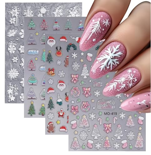 Evadollina Autocollants Ongles de Noël, 4 pièces pour Nail Art, Charms d'Ongles, Autocollants Ongles Auto-adhésifs, 4 Designs de Stickers