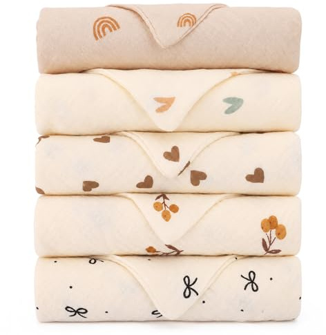 GSrenyu Confezione da 5 panni quadrati in mussola per bambini, 100% cotone, panni quadrati in mussola per pulire l'alimentazione (beige, caffè)