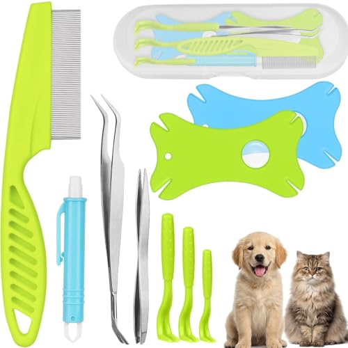 Fiyard 10 Pcs Professional Tick Remover Tool Kit with Tick Identification Card -Painlessly Remover for Dogs Cats and Humans Pets, Twister Hooks & Lasso Pen for Dogs Cats Humans, for Storage Box