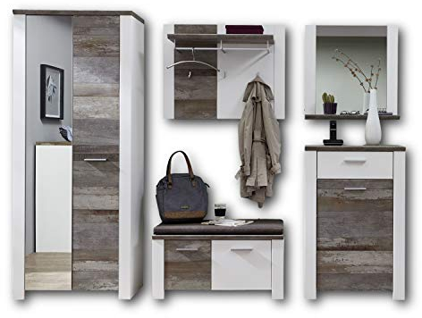 Stella Trading MATEO Garderoben Set in Weiß mit Driftwood Optik - Moderne Flurgarderobe für Ihren Eingangsbereich - 269 x 198 x 39 cm (B/H/T)