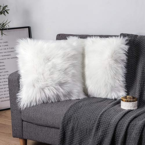 Sweetwill Pack of 2 Decorative Cushion Covers White 50x50CM Decorative Cushion Sheepskin Lambskin Faux Fur Long Hair Sofa Cushion Cuddly Cushion