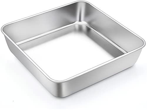 TeamFar Square Cake Pan, 9 Inch Stainless Steel Square Baking Roasting Pan for Cake Brownie Lasagna, Non-Toxic & Heavy Duty, One Piece Design & Smooth, Dishwasher Safe & Easy Clean
