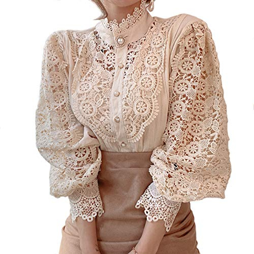 FENGQIYUNHAI Women’s Elegant Lace Trim Shirts Casual Victorian Blouse Long Sleeve Button Down Tops, Apricot, M