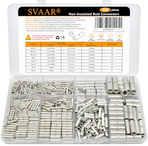 SVAAR 380PCS Non Insulated Butt Connectors Kit Butt Splice Connector Uninsulated Wire Splice Connectors for 26 to 6 Gauge Wire Marine Grade Tinned Copper Seamless Barrel Crimp Butt Splice Terminals