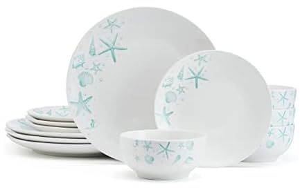 Studio Nova Tahiti Coastal 12 Piece Dinnerware Set, Service for 4, Multicolored Stoneware Plates and Bowls with Vibrant Coastal Design for Everyday Dining