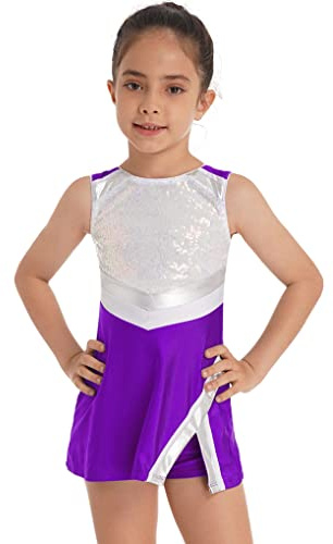 Nyeemya Conjunto de Baile para Niñas Sin Mangas Lentejuelas Vestido de Danza Ballet con Pantalones Cortos Maillot de Gimnasia Ritmica Traje de Baile Latina Jazz Hip Hop Morado 3-4 años