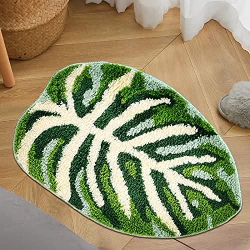 Airener Green Leaf Cute Bath Mat, 17x24 inch Non Slip Palm Shape - Super Absorbent & Washable