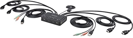 StarTech.com KVM Switch HDMI a 2 porte per doppio monitor 4K 60Hz, Switch KVM con cavi USB-A/HDMI/Audio da 1,5 m, alimentato da bus - Pulsante remoto/commutazione hotkey (C2-DH46-UA2-CBL-KVM)