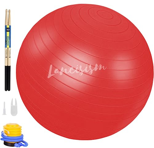 Cardio Drumming Equipment Set - 26 Exercise Ball with Pump and Weighted Cardio Drumming Sticks with Grips - Fitness Yoga Ball Drumsticks Workout for Balance, Rhythm, Aerobic Moves (Red)