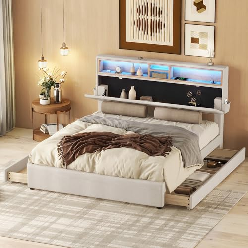 Doppelbett 140x200cm,Polsterbett Stauraum-Kopfteil Bett mit Aufladen USB und LED-Beleuchtung，Funktionsbett mit Vier Schubladen, Verstellbares Kopfteil Beige