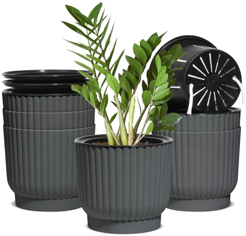 T4U 15cm Self Watering Plant Pots Indoor, 6 Pack Indoor Plant Pot, Grey Plastic Flower Pots, House Plant Pots for Indoor Outdoor Plants, Succulent, Cactus, African Violets, Spider Plants