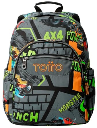 TOTTO - Mochila Escolar Adaptable a Carro, Modelo Acuareles, Capacidad 20 L, Bolsillo Pc 14, Bolsillos Botella, Espaldar Ergonómico con Flujo de Aire, Cómodas Correas en S, Estampado Truck 2 Negro