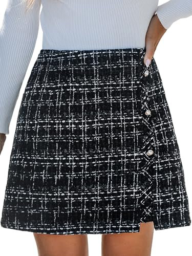 CUPSHE Women's Mini Skirt Elegant Checkered Woven Short Skirt Plaid with Side Buttons Versatile Chic Ladies Skirts, Black, L