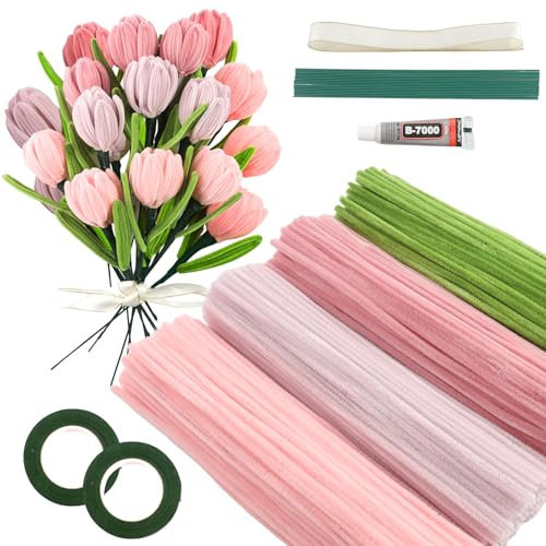 Galerie SV Rosa Tulip Bouquet Pfeifenreiniger Set, 400 Stück Pfeifenputzer zum Basteln 4 Farben Pipe Cleaner mit 20 Stück Grünem Bastelfaden, Geschenkband, Klebeband（Dunkelrosa, Mittelrosa, Hellrosa）
