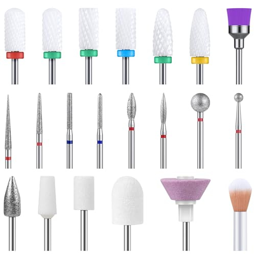 MelodySusie 21pcs Nail Drill Bit Set, Professional 3/32'' Ceramic Diamond Carbide Acrylic Gel Nail Art Tool Kit, Cuticle Remover Bit for Acrylic Gel Dip Powder, Nail Manicure Pedicure (Multicolor)