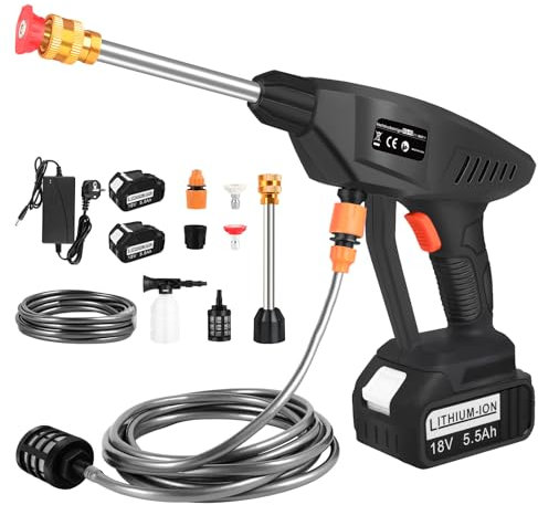 ASUNCELL Hidrolimpiadora de Alta Presion y 2 * 5,5Ah Baterías, Pistola de Alta Presión, Limpiador de Alta Presión con Boquilla 6 en 1, Hidrolimpiadora de Bateria para Limpiar Coche, Terraza, Jardín