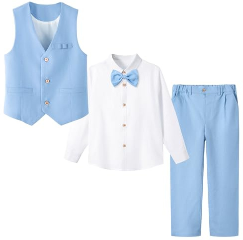 LOLANTA 4 Pièces Costume Garçon Mariage, Lin Gilet Pantalon Vetement Cérémonie Enfant, Tenue en Baptême, Fête d'anniversaire, Bleu Clair, 11-12 Ans, 160