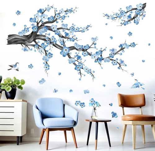 Cherry Blossom Wall Decals for Bedroom: Peel and Stick Flower Bird Blue Floral Tree Branch Wall Stickers - Living Room Office Bathroom Wall Decor