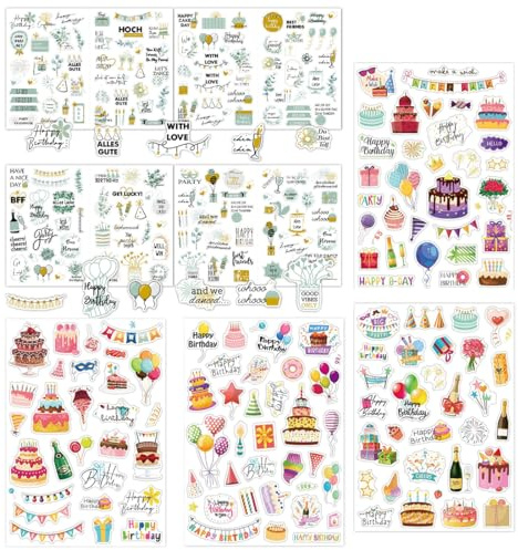 OUDQFCJ Set de 8 Hojas de Pegatinas de Cumpleaños con Muchos Motivos para Album Fotos, Libro de Visitas, Decoración de Fiesta para Niños y Adultos