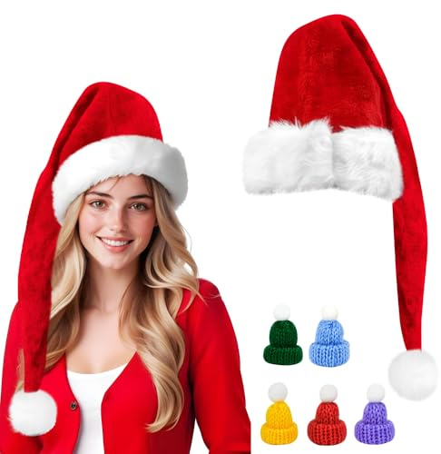 VGECEE Cappello Natale con 10 Mini Cappellino Natalizio, Cappello Lungo da Babbo Natale Cappelli da Babbo Natali per Unisex Cappelli Babbi Natali Peluche per Bambini Adulti per Festa, Cosplay