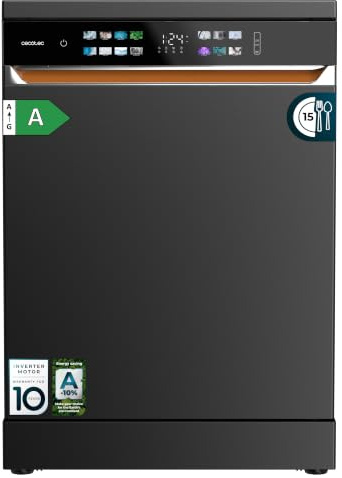 Cecotec Lave-vaisselle Indépendant de 60 cm Bolero Aguazero 6900 Dark. 15 Couverts, 8 Programmes, Classe A, Moteur Inverter Plus, Écran FullColor XXL, Auto Open et Turbo Dry+, Dual Zone Wash, Dark