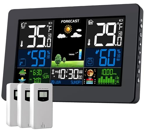 Weather Station Wireless Indoor Outdoor, Digital Outdoor Thermometer with 3 Sensor, Large Display Home Weather Stations with Weather Forecast, Atomic Clock, Barometric Pressure, Moon Phase