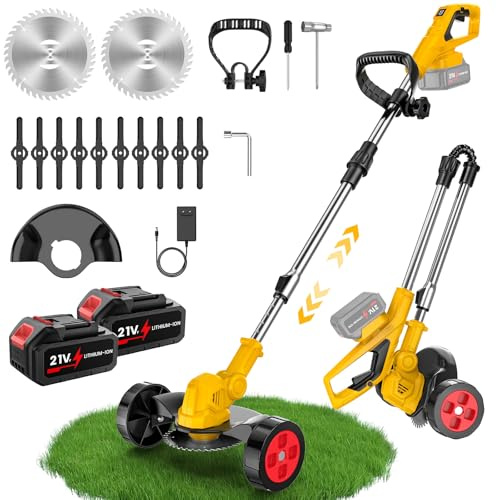 Decespugliatore a Batteria 21V, Tagliabordi a Batteria, 2 in 1 Tagliaerba Elettrico senza Filo Pieghevole con 2 Batterie, Ruote Rimovibili, 2 Tipi Lame, Altezza Regolabile per Giardino e Prato