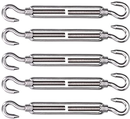 Cocoarm 5 Pcs Turnbuckle Hook and Hook 304 Stainless Steel Wire Rope Tension M4 M6 M10 Adjustable Double Hooks Turnbuckle for Shade Sail Cable Railing Fence Garden Use (M4)