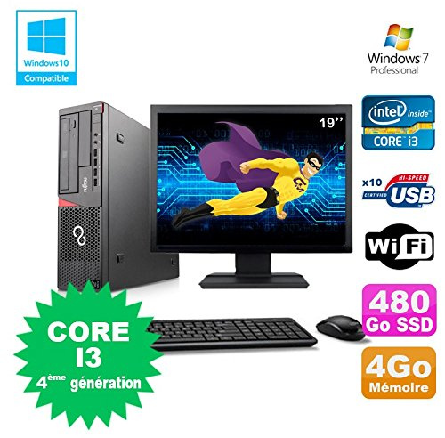 Lot PC Fujitsu E720 E85+ I3-4130 3.4GHz 4Go 480Go Graveur WiFi W7 + Ecran 19 (Reconditionné)