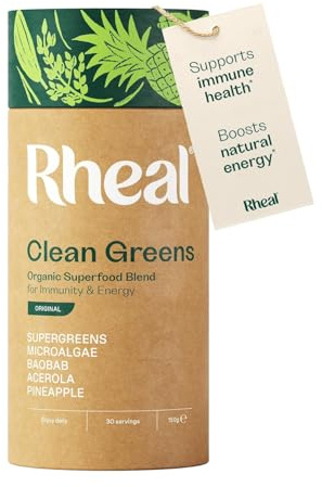 Rheal Clean Greens 150 g, Organic Superfood Greens Powder for Daily Energy & Immunity Support – Certified Organic with Spirulina, Moringa & Wheatgrass – Vegan – 30 Servings, Original