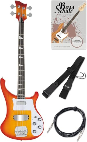 Rocktile Pro RB-400R Redneck E-bas set (4-strängar lång axel elbas med 2 pickups, enkel spole och greppbräda med perloid inlägg, set inkl. gitarrrem, kabel och elbas skola med DVD) Red Sunburst