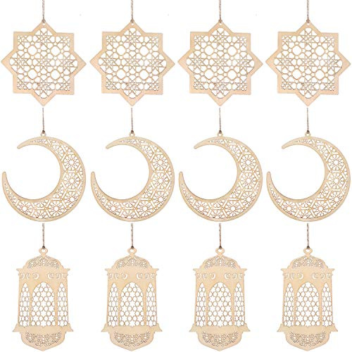 WILLBOND 12 Pcs Wood Ramadan Decorations Eid Decorations Islam Mubarak Wooden Ornaments Mubarak Hanging Hollow Pendant Ramadan Party Eid Al Adha Ornaments Moon Star Lantern for Muslim Islam Festive
