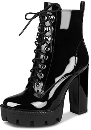 wetkiss Platform Boots for Women, Black Platform Boots Chunky Heel Boots for Women Heeled Combat Boots Womens Black Boots for Women Ankle Booties Patent Leather Boots High Heel Boots Glossy Boots