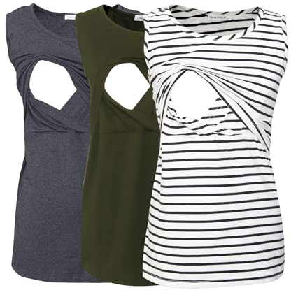 Smallshow Women's Sleeveless Maternity Nursing Clothes Breastfeeding Tank Tops 3-Pack Army Green-Deep Grey-White Stripe M