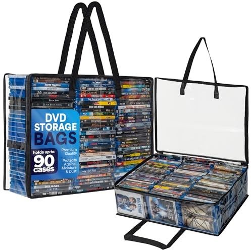 Besti Blu Ray - Juego de 2 bolsas de plástico transparente con asas para almacenar blurays, DVD, CD, bolsas de almacenamiento para fundas de videojuegos, capacidad para hasta 90 fundas Bluray y 60 DVD