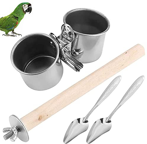 Qixuer 2 Pièces Mangeoires à Oiseaux en Acier Inoxydable,Gobelet à Nourriture d'oiseaux Cage À Oiseaux Bol d'alimentation Bol avec 2 Pièces Perroquet Nourrir Cuillère ​pour Chien Chat Perroquet