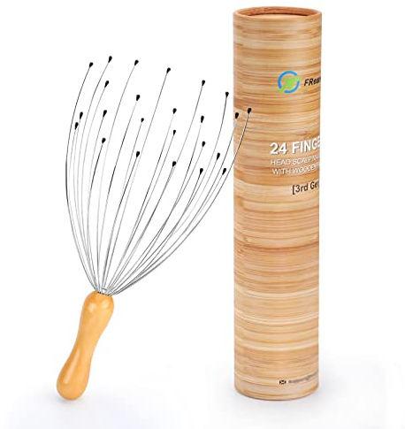 FREATECH Head Massager Scalp Scratcher with 24 Fingers and Ergonomic Wooden Handle for Deep Relaxation and Stress Relief, Easy to Hold and Control, Perfect Body Relaxing Massage Tool