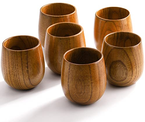 Hiceeden Lot de 6 tasses à thé en bois de 118 ml de style japonais faites à la main en bois naturel pour boire, vin, lait, café