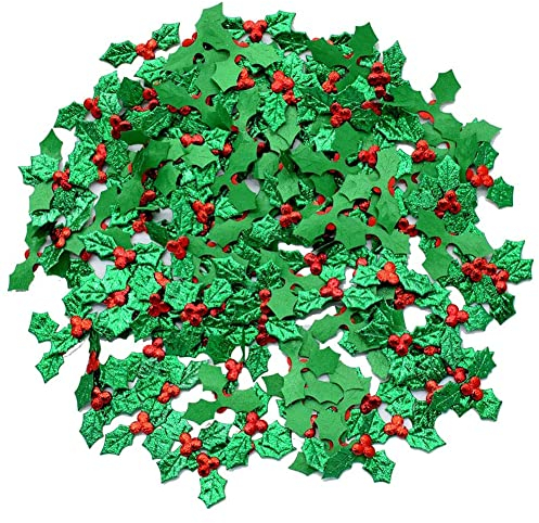 Christmas Holly Berries Embellishment, 100Pcs Mini Craft Berry Greens Leaf Sequins,Fabric Leaf Confetti for Christmas Card, Gift Tags, Table, DIY Craft Decorations.(3.5cm)