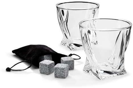 Connoisseur Creations Two Twisted Whisky Tumbler Glasses & Ice Stones Drinks Set
