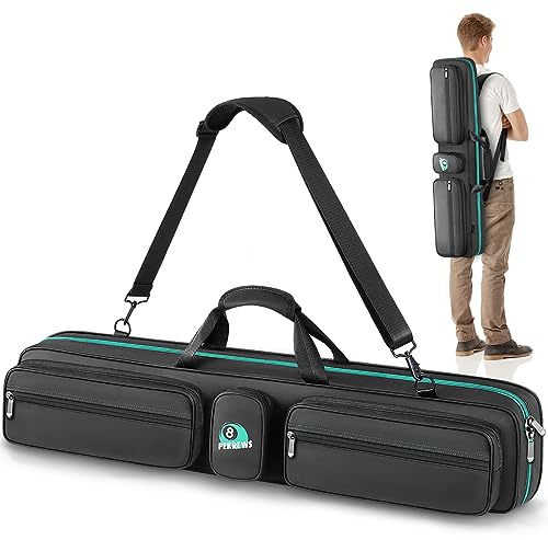 PEKREWS Billardqueue-Tasche mit Rucksackgurten, weiche Tragetasche für Billardqueue, Tragetasche mit Schultergurt, für 4 Hintern, 4 Schäfte und Billardzubehör, Schwarz, Deluxe-Polyurethan, schwarz,