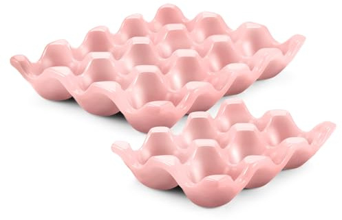 Flexzion 12 + 6 Cups Ceramic Egg Holder for Fridge - 18 Porcelain Egg Tray Container Keeper Storage Organizer Decorative Serving Stand Serveware for Refrigerator Countertop Display Kitchen (Pink)
