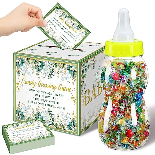 Glenmal 52 Pcs Baby Shower Games Gift Sets Large Baby Bottle for Shower Game Guess How Many Candies Decorations for Gender Reveal(Leaf)