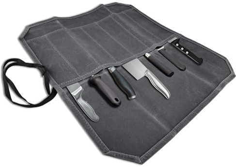 HOMURY Borsa portacoltelli da cuoco, borsa arrotolabile con 7 scomparti, in tela cerata, per cuochi, borsa per attrezzi (grigio), grigio., Coltello da cuoco con custodia