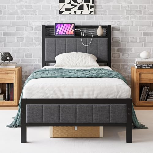 Borphom Letto singolo con stazione di ricarica, letto per ospiti, letto in metallo imbottito, 90x200 cm, struttura in metallo, letto per ragazzi con rete a doghe, testiera in grigio, per camera da